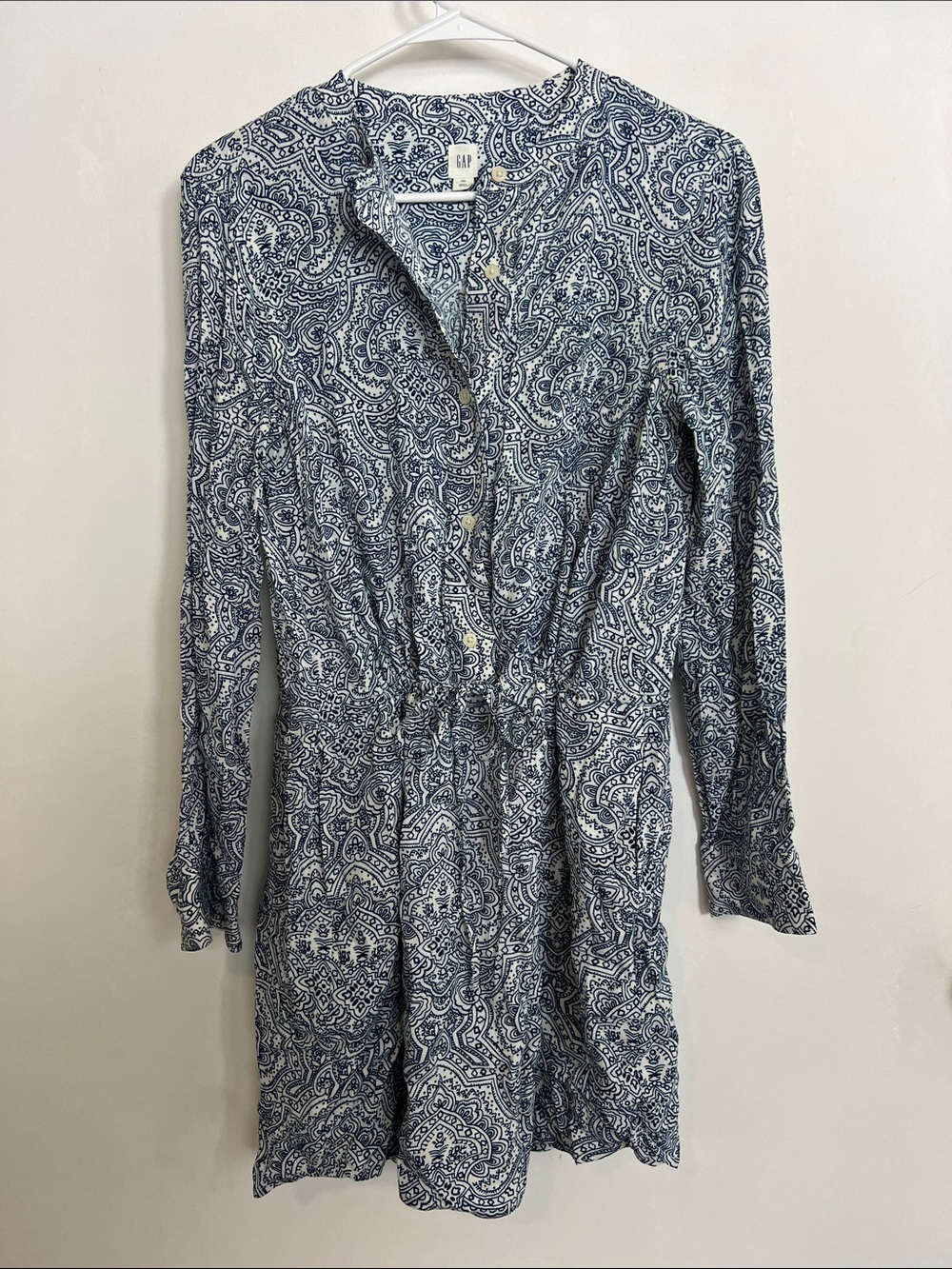GAP Blue Paisley Long-Sleeve Button-Front Dress